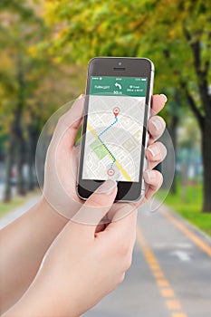 Smart phone with map gps navigation application on the screen