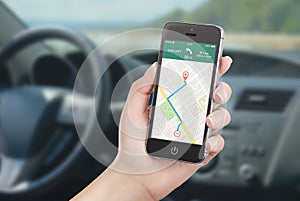 Smart phone with map gps navigation application on the screen