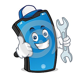 Smart phone mascot as technician holding wrench