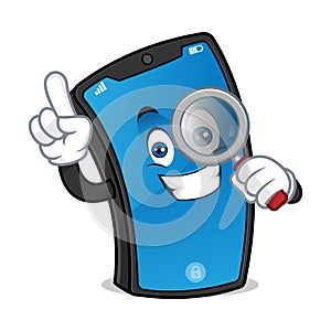 Smart phone mascot holding magnifying glass