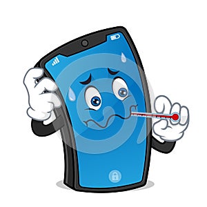 Smart phone mascot holding thermometer feeling hot