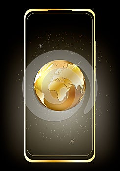 Smart phone mock-up in vertical orientation with shining golden ball with world map on device dark screen. Planet Earth