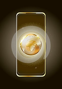 Smart phone mock-up in vertical orientation with shining golden globe with world map on device dark screen. Planet Earth