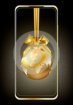 Smart phone mockup in vertical orientation with shining Christmas golden ball with world map on device dark screen