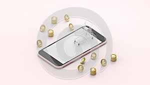 Smart phone online shopping concept Digital marketing Mobile Application and Money on pastel Pink background