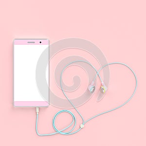 Smart phone pastel pink color and earphones wire heart shape