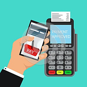 Smart phone pay money with processing of protected mobile payments from credit card nfc technology communication concept