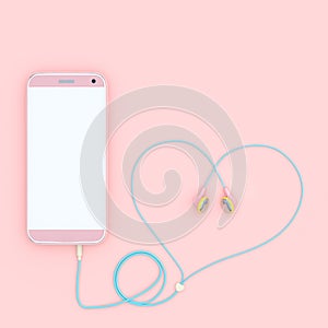 Smart phone pink color and earphones pink color heart shape