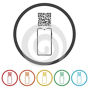 Smart phone QR code scan icon. Set icons in color circle buttons