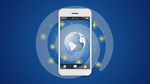 Smart phone screen with Global network connection background.
