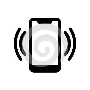 Smart phone in silent mode icon or mobile phone vibrating icon in black. Phone line icon for web, mobile on isolated white