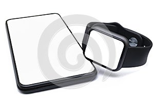 Smart phone and smart watch on white isolated background