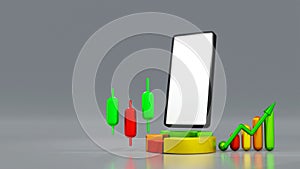 Smart phone with stock market trading graph candle stick and business chart, financial investment 3D rendering