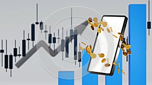 Smart phone with stock market trading graph candle stick and business chart, financial investment 3D rendering
