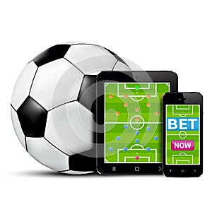 Smart phone and tablet with football field for betting online concept