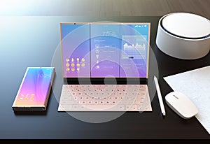 Smart phone, tablet PC, digital pen, keyboard and voice assistant on a dark wood table