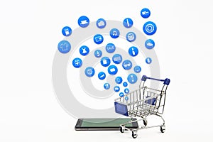 Smart phone or tablet on white background with shopping icon set