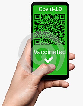 Smart phone to check qr code and get confirmations. Opportunity passport for more opportunities for vaccinated people photo