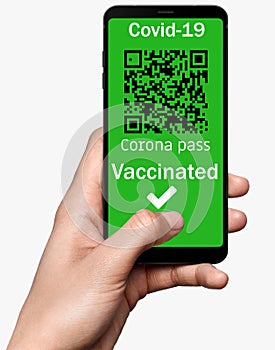 Smart phone to check qr code and get confirmations. Opportunity passport for more opportunities for vaccinated people. Italy green photo