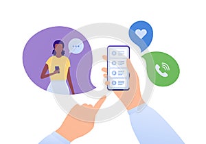 Smart phone use concept. Vector flat illustration. Human hand holding cellphone. Answering call. Female with talk bubble communica