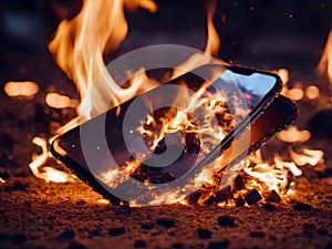 A smart phone was on fire on the floor.