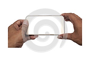 Smart phone white screen in hand isolated, Clipping path