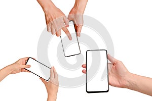 Smart phone in woman hands isolated on white background.  White screen. Copy space