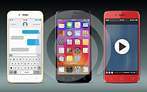 Smart phones with icons, messaging sms app and video player widget