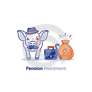Smart pig in hat with mustache, superannuation fund, pension savings investment plan