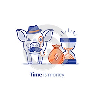 Smart pig in hat with mustache, superannuation fund, pension savings investment plan