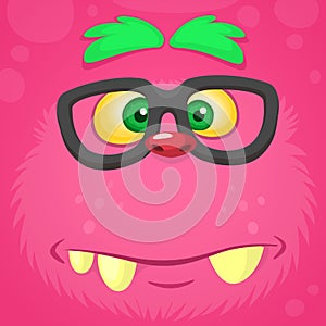 Smart pink monster face. Vector monster square avatar. Funny monster.