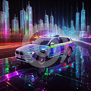 Smart police forse, using Information Communication Technology tools, illustrated by digital police car photo