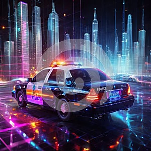 Smart police forse, using Information Communication Technology tools, illustrated by digital police car photo