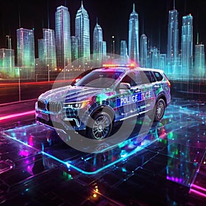 Smart police forse, using Information Communication Technology tools, illustrated by digital police car photo