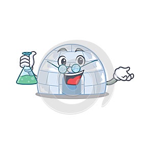 Smart Professor igloo cartoon character with glass tube