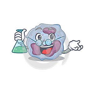 Smart Professor leukocyte cell cartoon character with glass tube