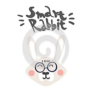 Smart rabbit with glasses, flat cartoon character. rabbit with glasses. children`s print. vector image.