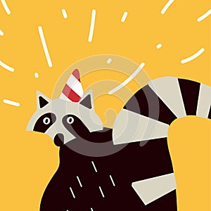 Smart raccoon with a party hat vector graphics