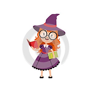 Smart red-haired girl witch reading books and wearing purple dress, hat and glasses. Smiling kid character in Halloween