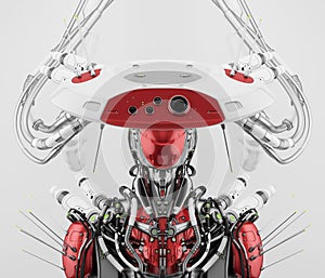 Smart red robot with huge ai hat, 3d rendering
