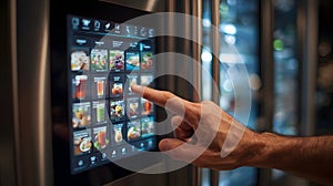 Smart refrigerator interface with a hand touching a digital display