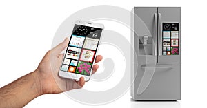 Smart refrigerator phone app, hand holding mobile phone isolated against white background. 3d illustration