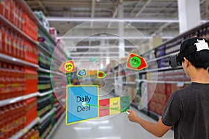 Smart retail with augmented and virtual reality technology concept, Customer use ar and vr glasses to search a daily deal