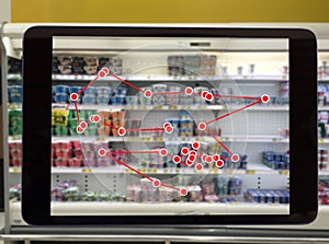 Smart retail concept, robot service use for check the data of or Stores photo