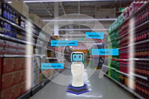 Smart retail concept, robot service use for check the data of or Stores that stock goods on shelves with easily-viewed barcode and
