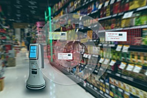 Smart retail concept, robot service use for check the data of or Stores that stock goods on shelves with easily-viewed barcode and