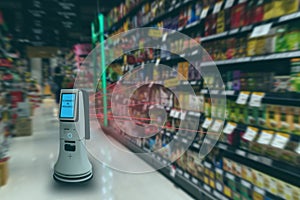 Smart retail concept, robot service use for check the data of or Stores that stock goods on shelves with easily-viewed barcode and photo