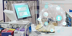 Smart retail in futuristic technology concept the icon show the blockchain meaning including store, customer, retail, shop, produc photo