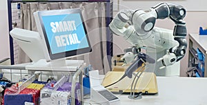 Smart retail in futuristic technology concept the receptionist robot robot assistant in cashier check always welcome customer t