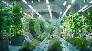 Smart robot farmers working on Hydroponic system vegetable agriculture farm.